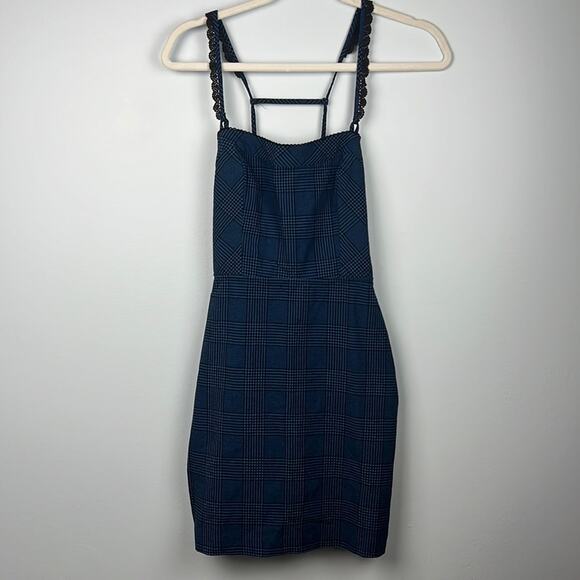 Free People Intimately FP black and blue plaid apron style mini dress small - Picture 1 of 9